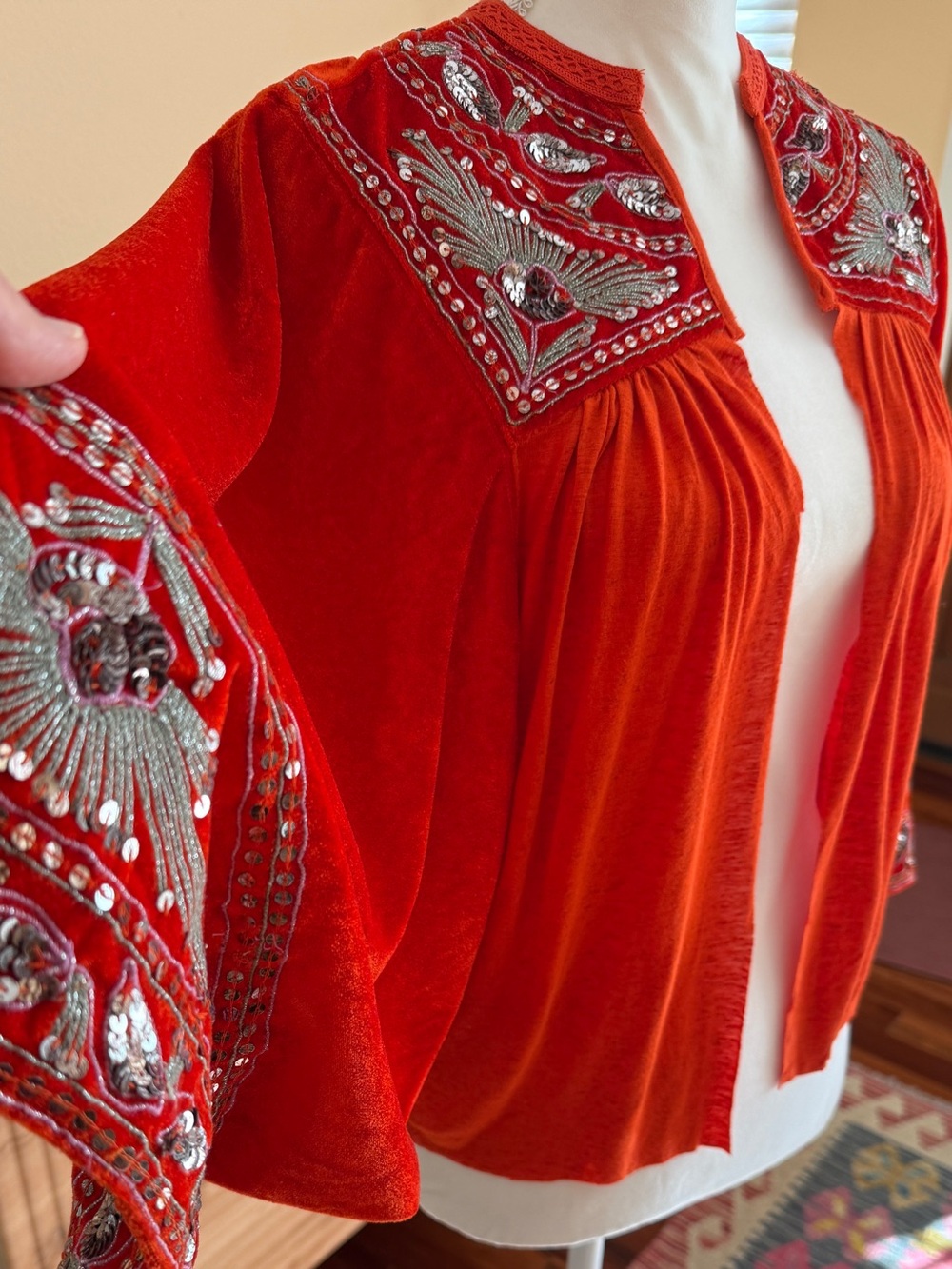 FREE PEOPLE Orange Velvet Open Cardigan Silver Sequins & Thread Boho Top - AS IS